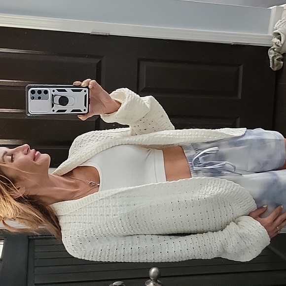 Madison Petite Crochet Open Weave Knit Balloon Sleeve Cardigan with Ruffle Back - Picture 3 of 9